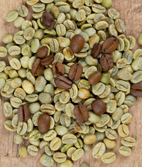 green coffee beans on wooden surface