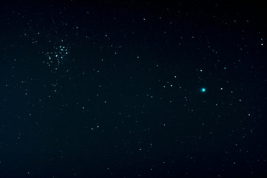 Starfield with Comet Lovejoy and Pleiades