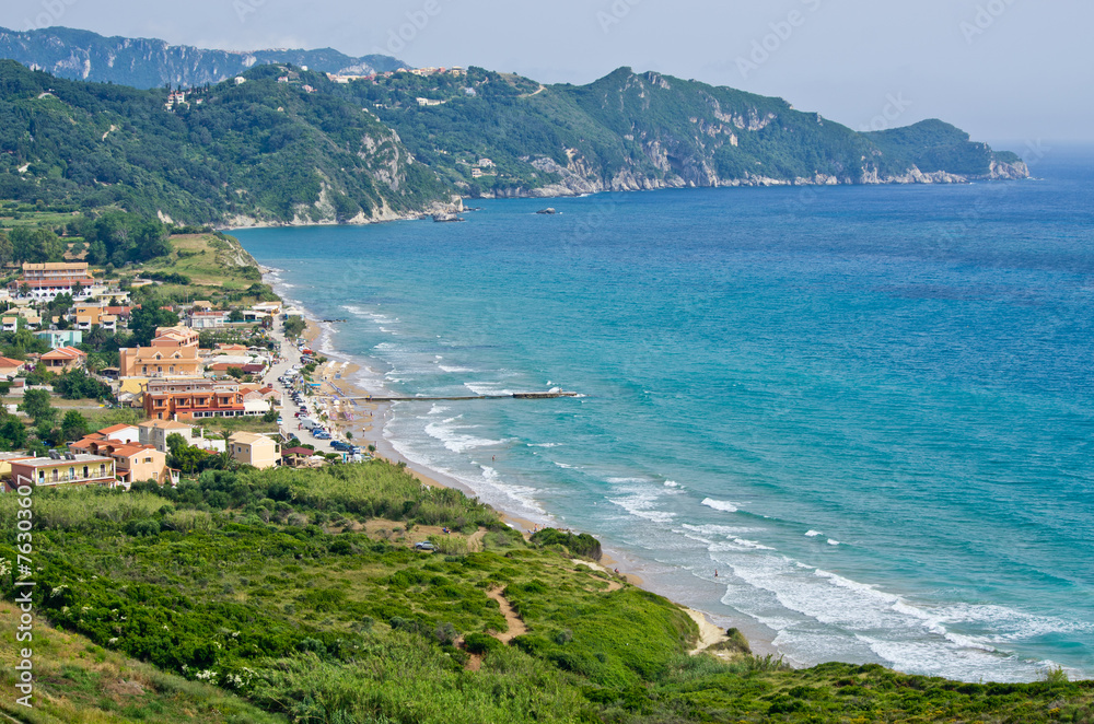 Poster Typical bay with little town Arillas - Corfu, Greece