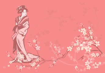 Fototapeta na wymiar spring background with Japanese geisha and sakura flowers