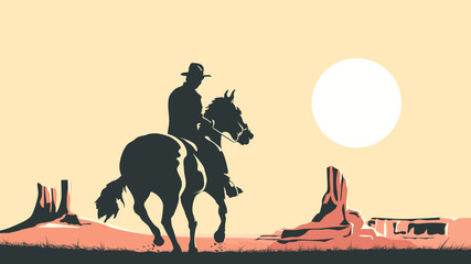 Horizontal cartoon illustration of cowboy in prairie wild west. - obrazy, fototapety, plakaty