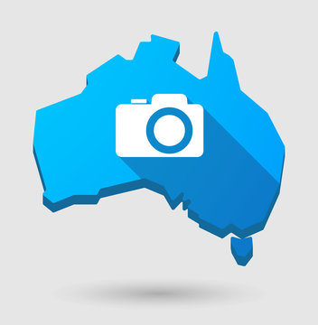 Long shadow Australia map icon with a photo camera