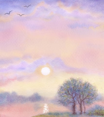 Naklejka premium Watercolor landscape background. Morning over lake