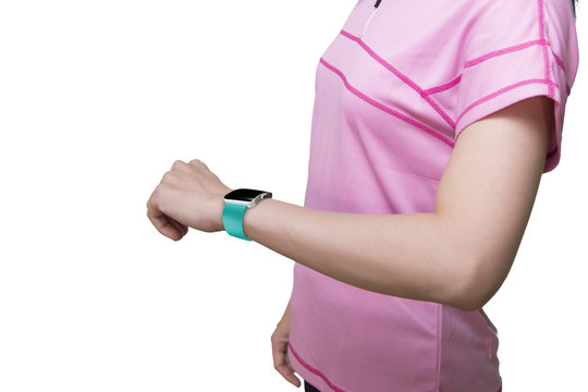 Woman wearing smartwatch with blank black glass bent touchscreen
