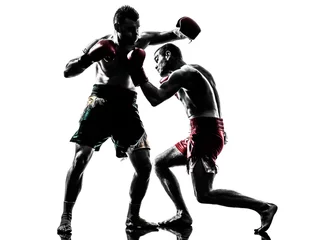 Papier Peint photo Arts martiaux two men exercising thai boxing silhouette