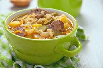 Soup with pickles and barley