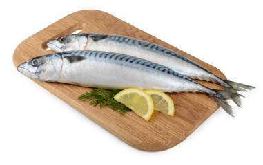 mackerel fish on wooden plate isolated