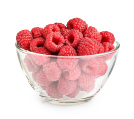 Raspberries in bowl isolated on white