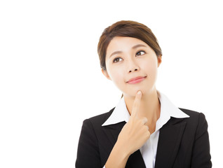 young smiling businesswoman with thinking gesture