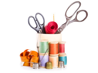 scissors, various threads  and sewing tools