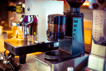 Close up of prepares espresso in his coffee shop