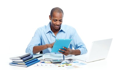 Black man working with tablet computer