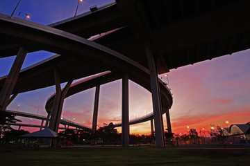 silhouette scene of Bhumibol Bridge with twilight sky