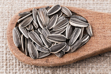 sunflower seeds on wooden spoon