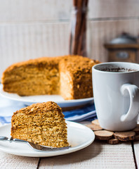 a piece of honey cake with sour cream and nuts