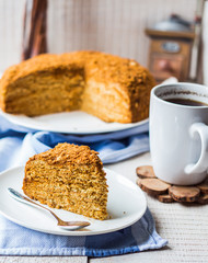 a piece of honey cake with sour cream and nuts