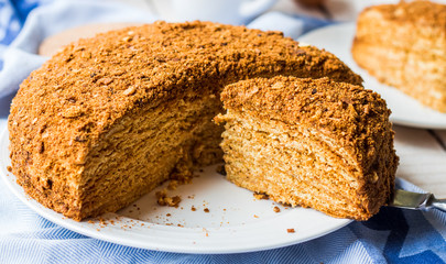 honey cake with cream shortcakes impregnation, sweet dessert