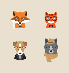 Hipster Animals set of vector icons. Fox , cat, dog , bear