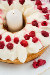 delicious pie with whipped cream and raspberries