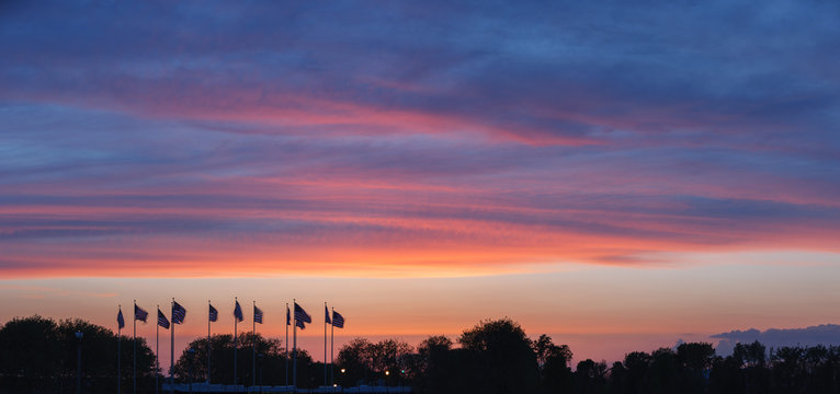 Sunset over the Flag Plaza, New Jersey. Panoramic view.