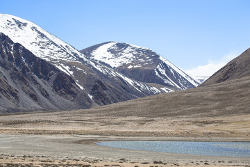 The valley at the foot of the mountains on Pamir. Spring. Tajiki