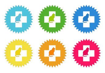 Set of colorful stickers icons with veterinary and cat symbol