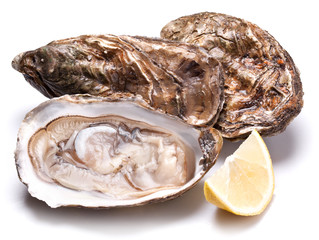 Raw oyster and lemon on a whte background.