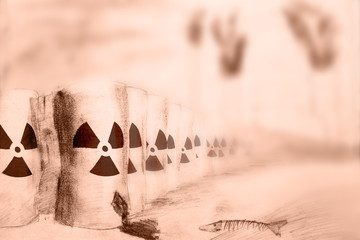 Radioactive waste at power plant near sea. Drawing on hand.