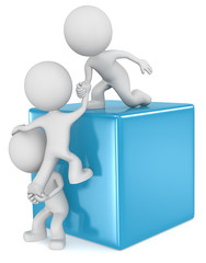 Helping hands.The dude 3D character x3 climbing a Blue Cube.