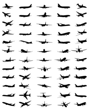 Big collection of black silhouettes of airplane, vector