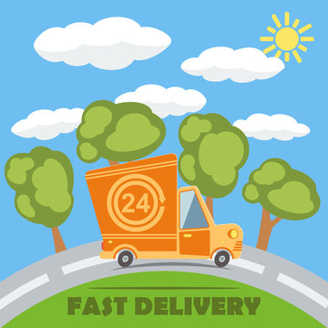 Fast delivery van truck with 24 hour vinyl logo. Vector.