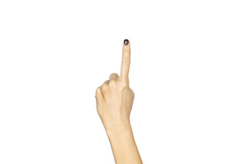female hand showing number one sign isolated over white