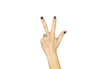 female hand showing number three sign isolated over white