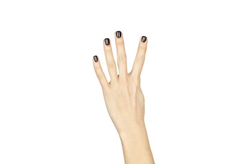 female hand showing number four sign isolated over white