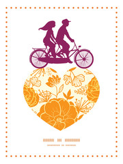 Vector golden art flowers couple on tandem bicycle heart