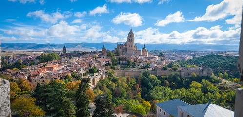 View of Segovia,Spain from high atop the rooftop at Alcazar. - obrazy, fototapety, plakaty