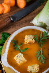 carrot soup in vintage style from above