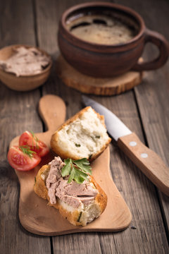 Duck pate on bread and coffee