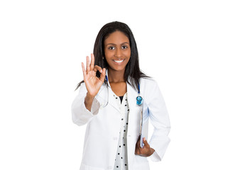  woman health care professional giving OK sign white background 