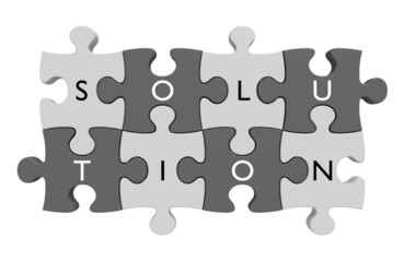 Puzzle parts connected with letters spelling the word solution