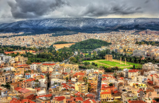 Aerial view of Athens with the Temple of Olympian Zeus