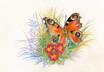 Fotobehang Beautiful butterfly with flowers picture © kostanproff