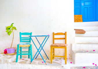 old chairs and tables in Langada in Amorgos island Greece