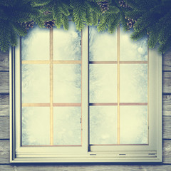 Abstract winter backgrounds with vintage window and pine tree