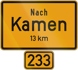 Old design (1956) of a sign telling the distance to the city of Kamen on the federal road number 233. The text means: To Kamen 13 km