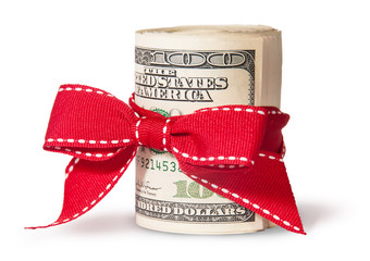 Vertical Roll Of One Hundred Dollar Bills Tied With Red Ribbon