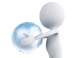 3d white person with earth globe in the hands. Global communicat