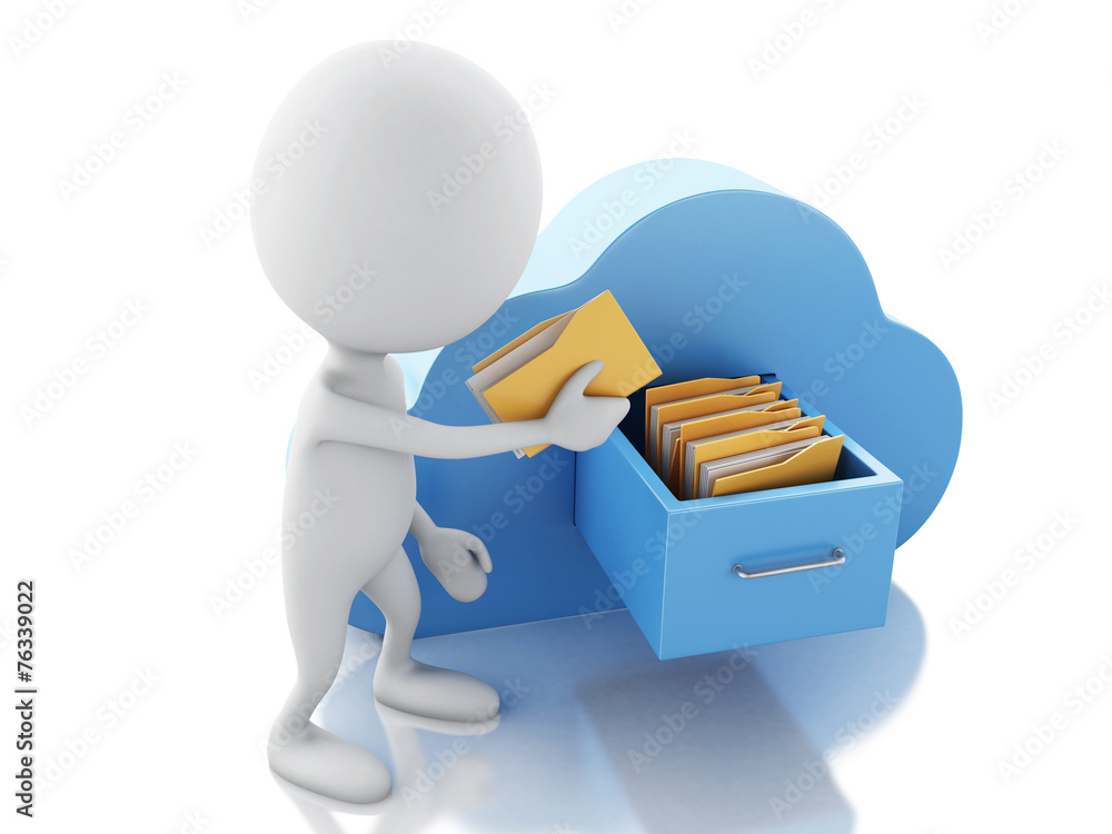 Poster 3d white people with folders and cloud. cloud computing concept.