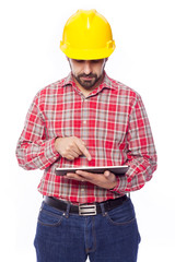 Young architect holding a tablet computer, isolated on white bac