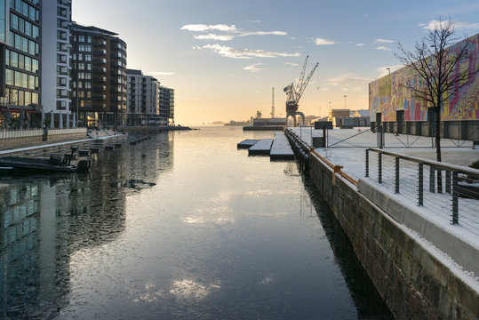 Oslo seaside harbor with crane terminal